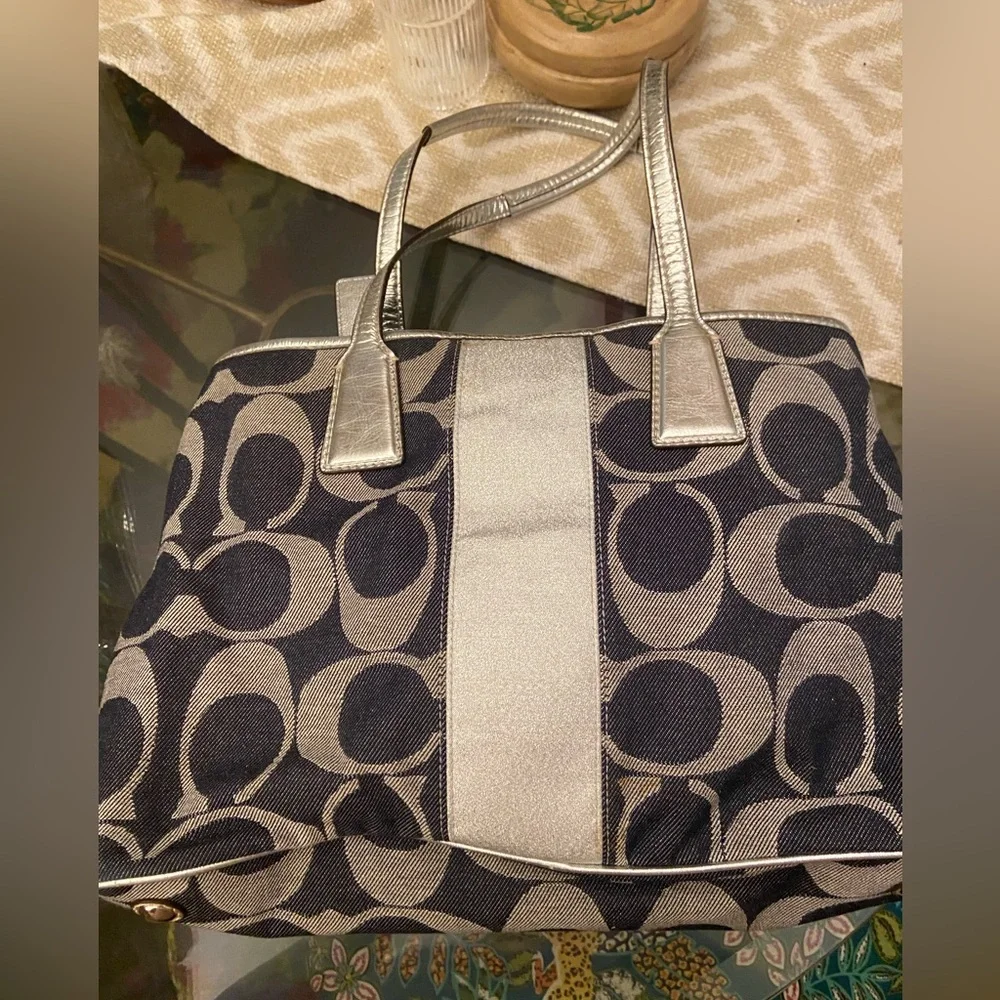 Authentic Coach Denim & Metallic Silver Signature Kisslock Y2K Bag - Picture 5 of 11